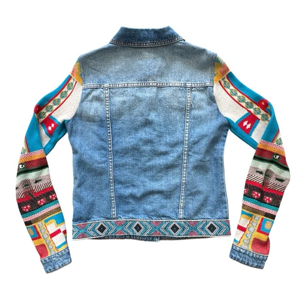 Desigual Fiorella Embroidered Denim Jacket Knitted Sleeves Bohemian Size 4 US - Picture 7 of 13